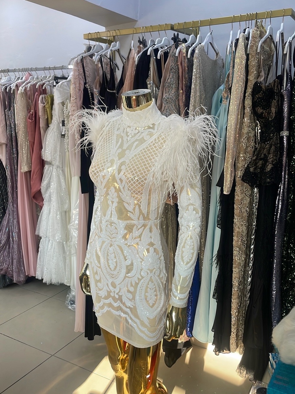 White Feather-Trim Lace Appliqué Mini Dress